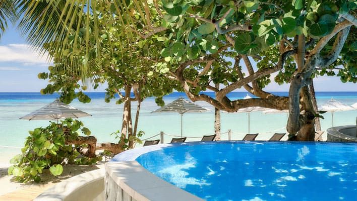 Infinity pool overlooking a beach with lounge chairs, umbrellas, green trees, and clear blue ocean under a sunny sky.